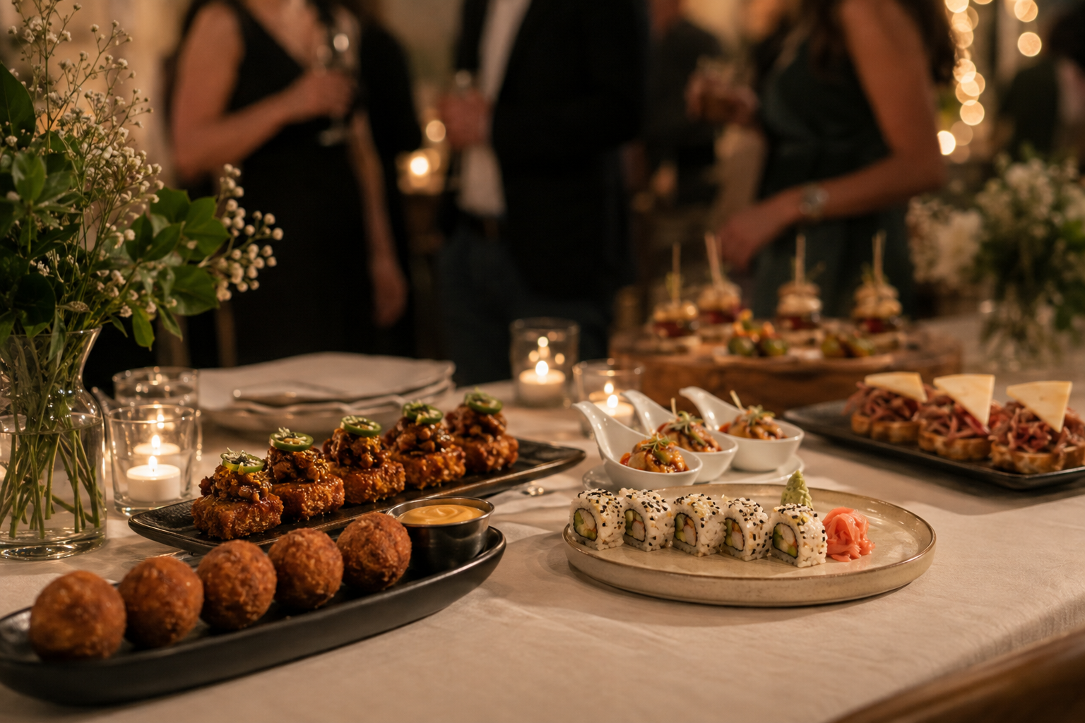 Mesa de evento servida con sushi, croquetas y bocados de Boquiteo