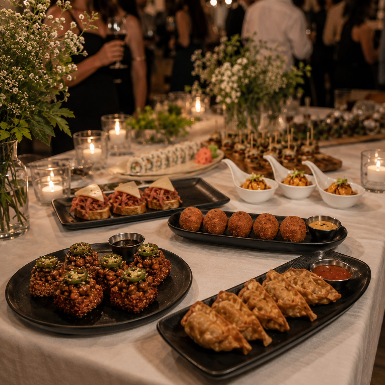 Mesa de evento con bocados de Boquiteo y personas celebrando