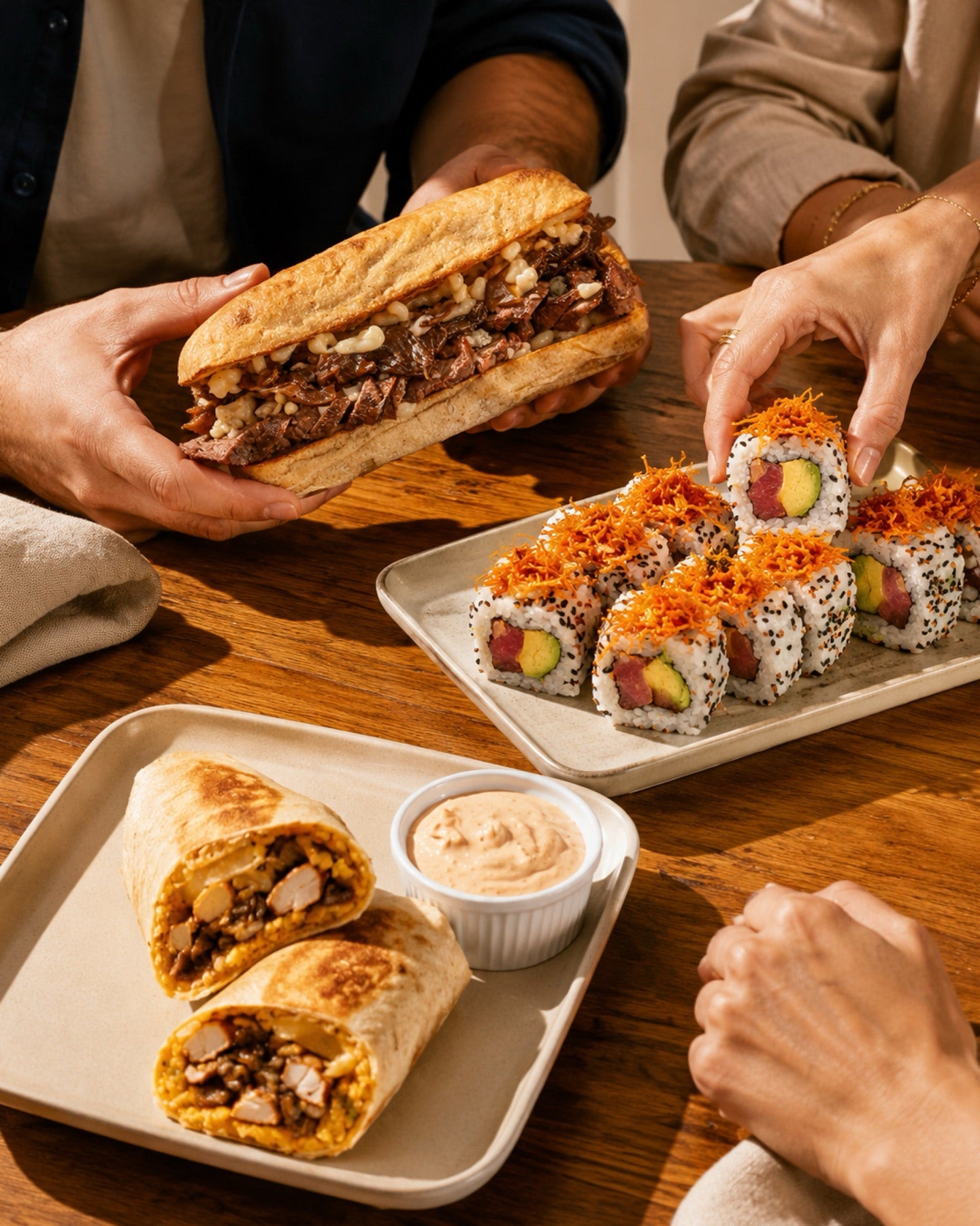 Personas compartiendo sushi, bocatas y burritos de Boquiteo