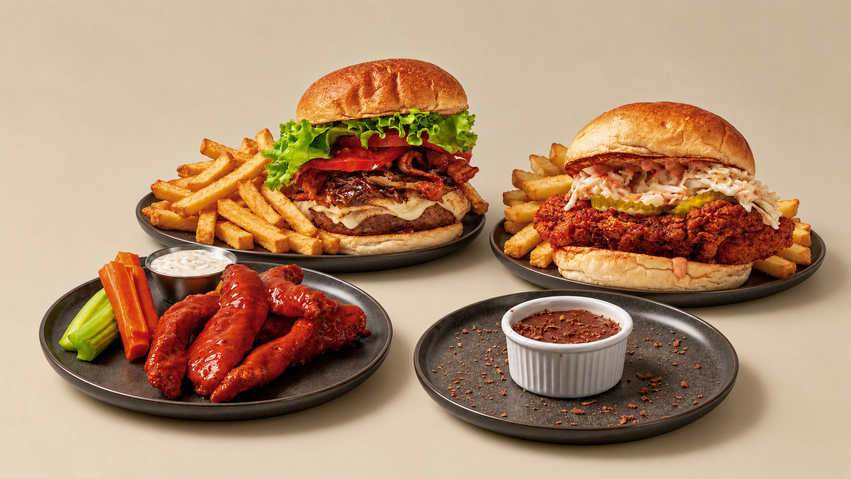 Hamburguesa de Player, Nashville Hot Chicken Sandwich, Boneless Buffalo Wings y Mousse de Nutella